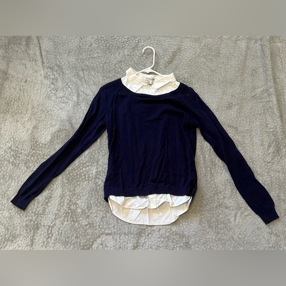 Navy sweater with white button up top